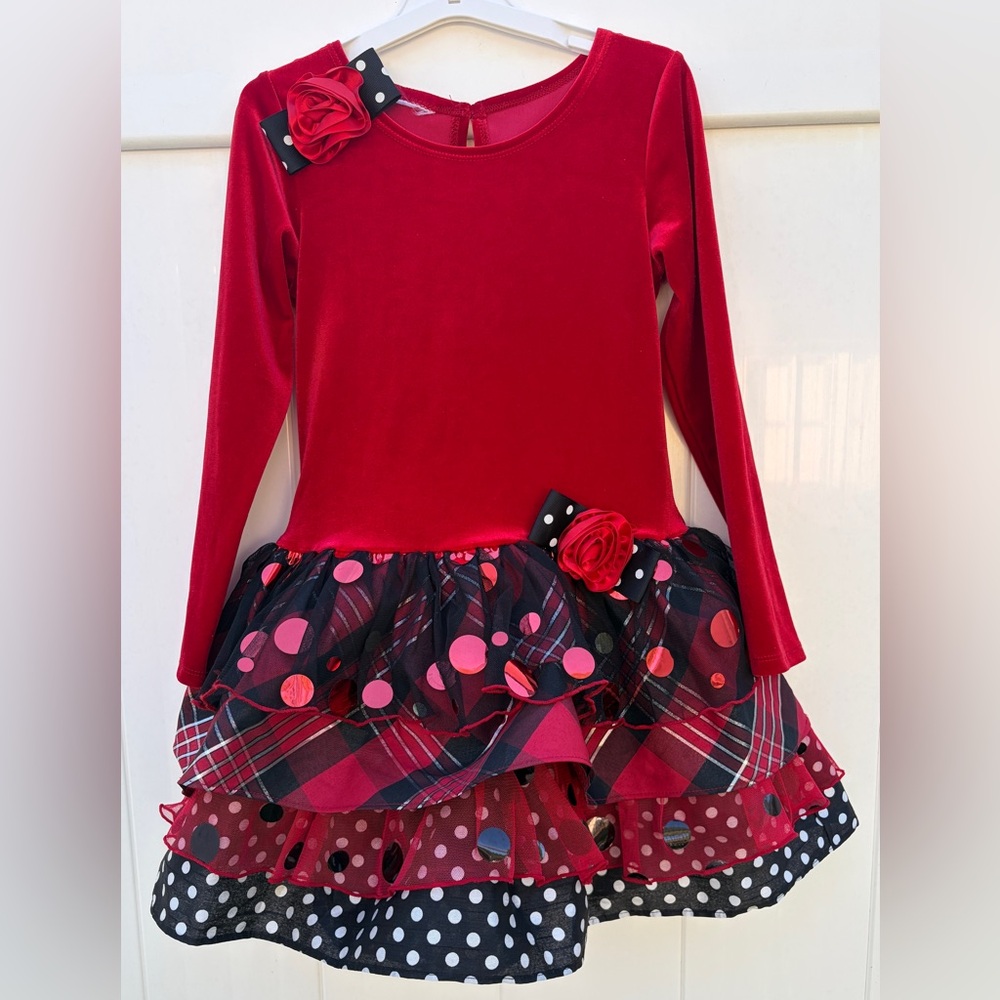 Bonnie Jean Red Plaid Tulle Velvet Dress Girls Size 4-5